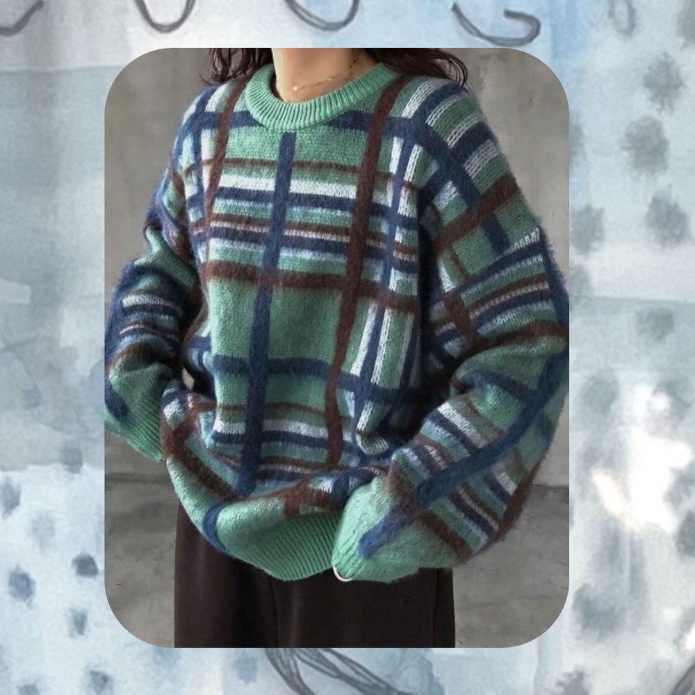 DAZY green & brown plaid knit pullover oversized sweater